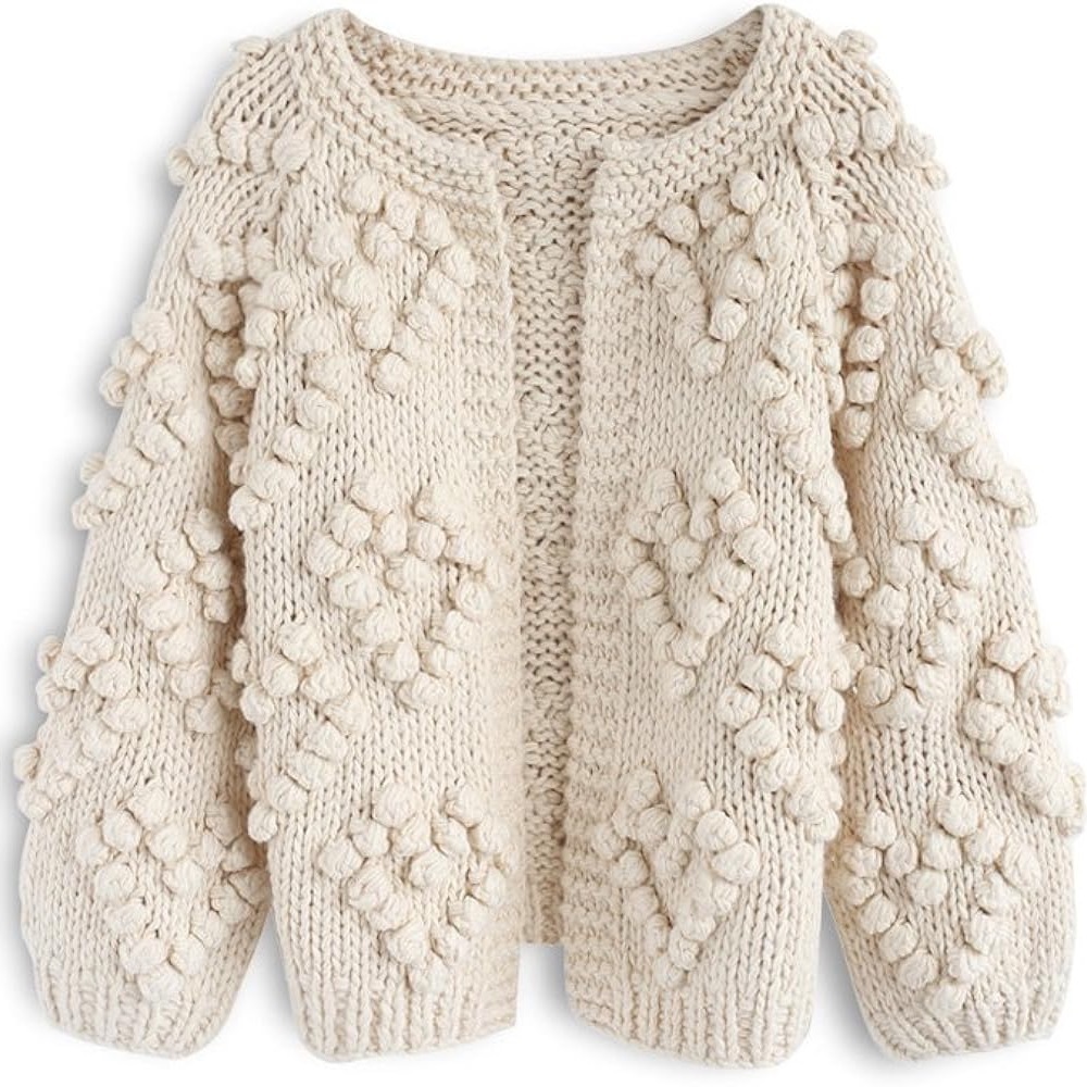 Chic wish Women's Soft Heart Shape Balls Hand Knit Sweater Cardigan